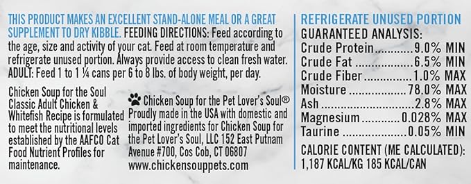 Chicken Soup for The Soul All Natural Premium Adult Wet Cat Food, Real Meat First Ingredient, No by-Products, Artificial Colors, Flavors or Preservatives, Chicken & Whitefish Pate, 5.5oz (Pack of 24)