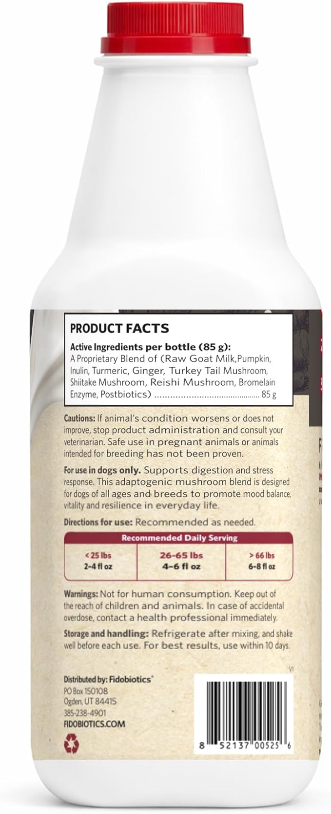 Fidobiotics Goat Milk Powder for Dogs, Mix and Serve Gut and Brain Health Support with Prebiotics, Probiotics, & Postbiotics, Ginger Shroom Flavor, 32oz