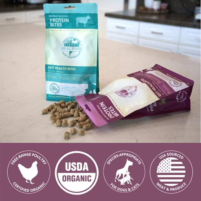 Steve's Real Food Protein Bites Gut Health Treats - Freeze-Dried Pet Treats for Cats and Dogs - Chicken Recipe - 4 oz