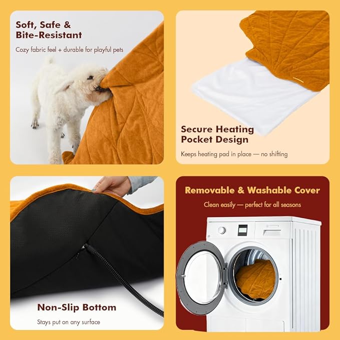 Extra Large Dog Heating Pad Waterproof Electric Heated Cat Beds for Indoor Outdoor, Adjustable Temperature, Washable Yellow Leaf Shaped Cat Heating Pad Non Slip Bottom(47"X36")