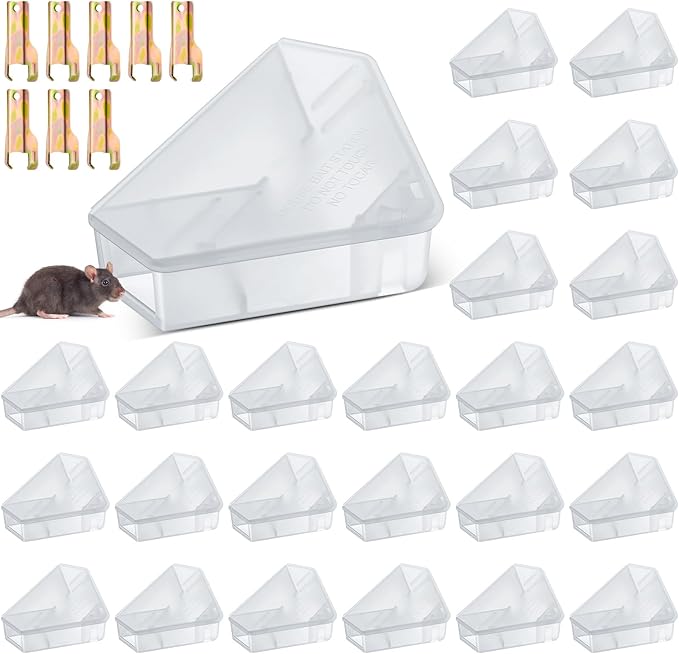 Qualirey Mice Station with Key Triangle Mouse Station Reusable Rodent Trap Box, Keeps Children and Pets Safe Indoor & Outdoor Suitable for Small Mice(Translucent,24 Pcs)