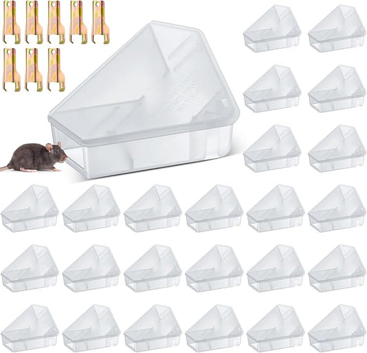 Qualirey Mice Station with Key Triangle Mouse Station Reusable Rodent Trap Box, Keeps Children and Pets Safe Indoor & Outdoor Suitable for Small Mice(Translucent,24 Pcs)