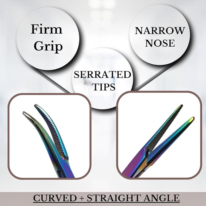 HTI Set of 2 Pcs Dog Cat Pet Hair Puller Remover Stainless Steel Hemostat Locking Forceps 5.5" Straight and Curved Full Serrated (Multicolor)