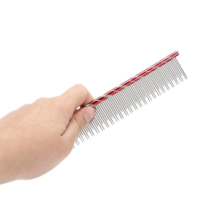 Pet Hair Removal Comb, Stainless Steel Cat Grooming Tool with Dual - Density Teeth, Open Knot Comb for Long and Short Haired Cats, Ergonomic Non - Slip Handle (Red)
