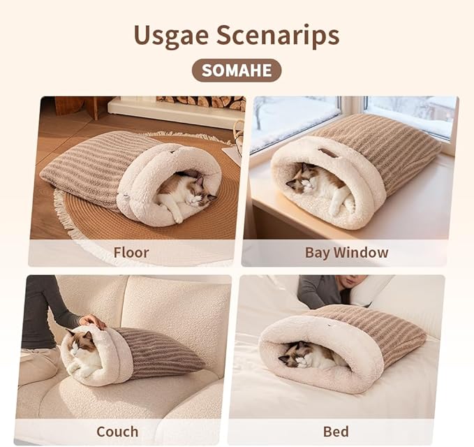 Cat Sleeping Bag for Indoor Cats, Self Warming Cat Bed Cave Fits up to 15 lbs Pets, Pet Sleeping Bed with Plush Portable Snuggle Sack/Hideway 17''×21''White