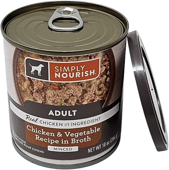 SIMPLY NOURISH Adult Chicken & Vegetable Recipe in Broth Minced. Four Ten Ounce Cans and Biggs Dog Waste Bags.