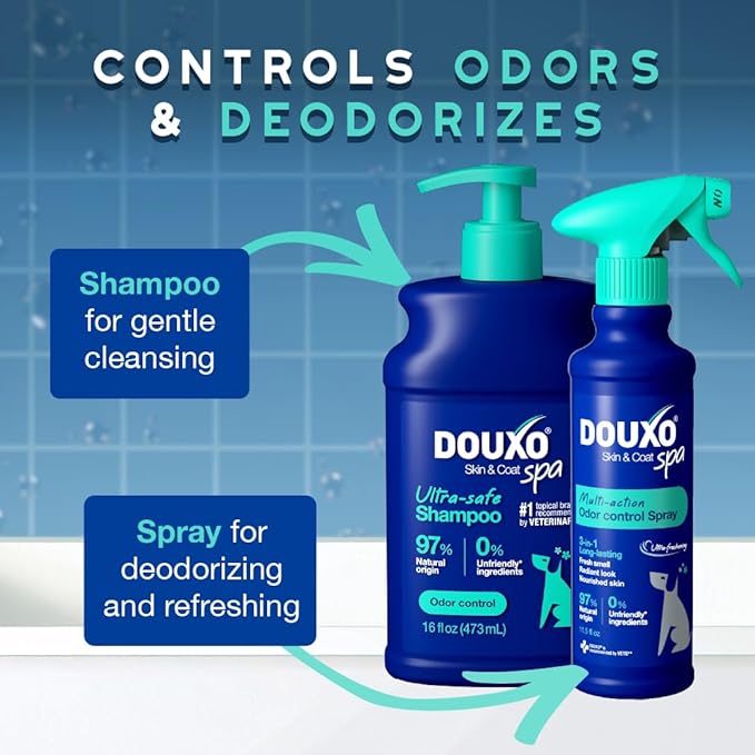 DOUXO® Skin & Coat SPA – Ultra-Safe Combo for Dogs, Odor Control Shampoo (16 fl oz, Cleanses & Removes Odor) + Multi-Action Odor Control Spray (11.5 fl oz, Deodorizes)