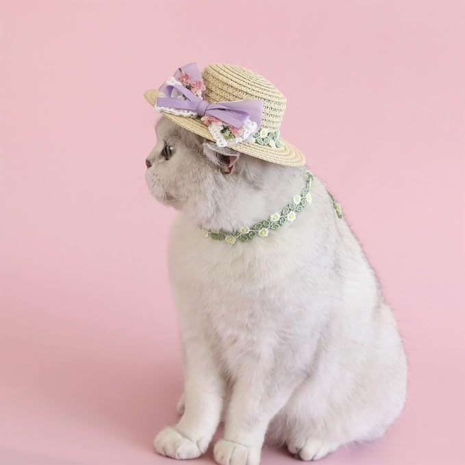 Pet Straw Hat Outdoor Sunbonnet Supplies Flower Lace Puppy with Ribbon Bow Flower Pet