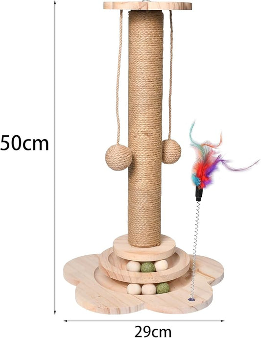 Cat Scratching Post, 50cm Cat Scratcher Toy, Natural Woven Sisal and Wood Interactive Cat Toys with Lanyard Ball, Ball, Feather (Feather Color is Random)