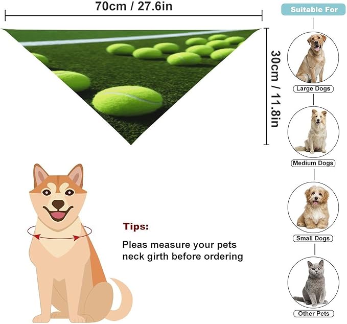 Dog Bandana Spring Pet Scarf Adjustable Triangle Tennis Balls on Tennis Grass Court Printing Dog Bib Washable Polyester Puppy Bandana for Small Medium Large Dogs Cat Birthday Party Supplies
