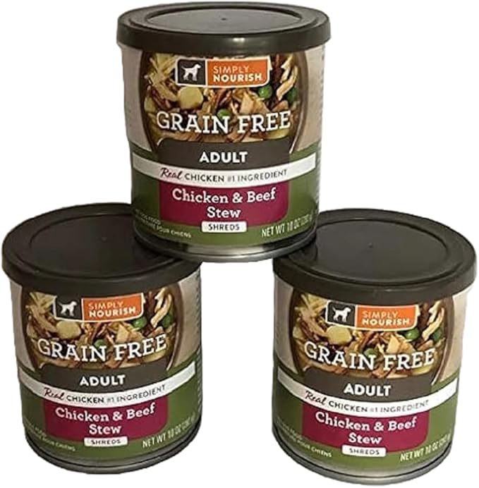 Simply Nourish Grain Free Adult Dog Chicken & Beef Stew Shreds (3) 10 Ounce Cans