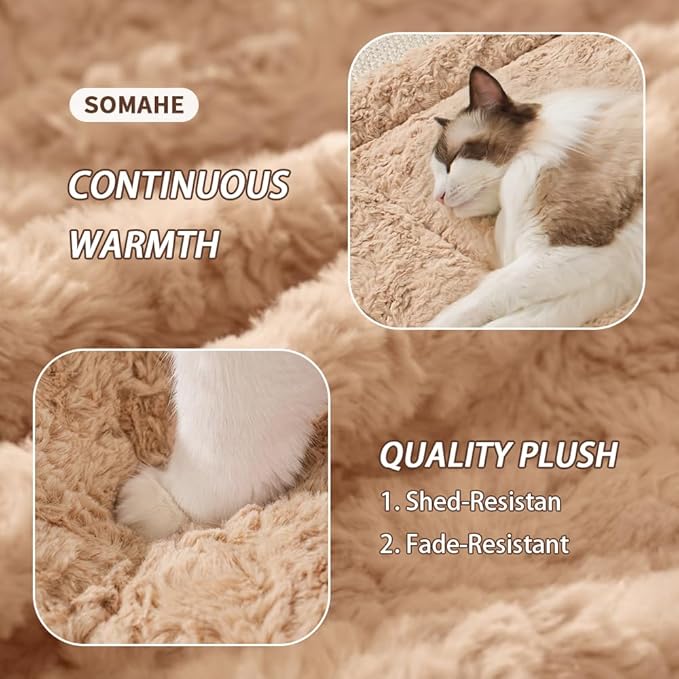 Self Warming Cat Bed Mat, Washable Self Heating Cat Mat, Extra Warm Thermal Pet Pad with Non-Slip Bottom, Soft Plush Faux Fur for Indoor Pet Sleep Cushion, 23x15 Inch Latte
