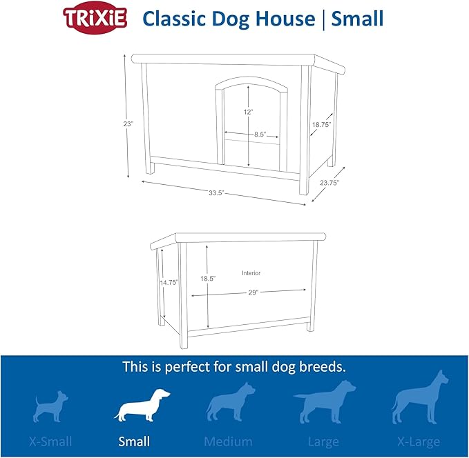 Trixie Natura Classic Dog House - Wooden Outdoor Shelter with Weatherproof Sealer, Hinged Roof & Adjustable Legs for Small Dogs - Gray - 23.75 x 33.5 x 23 in