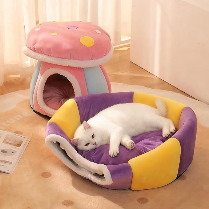 Cute Mushroom Cat House Cat Cave Bed for Indoor Warm Dog nest with Detachable Cushion for Puppy and Kitten