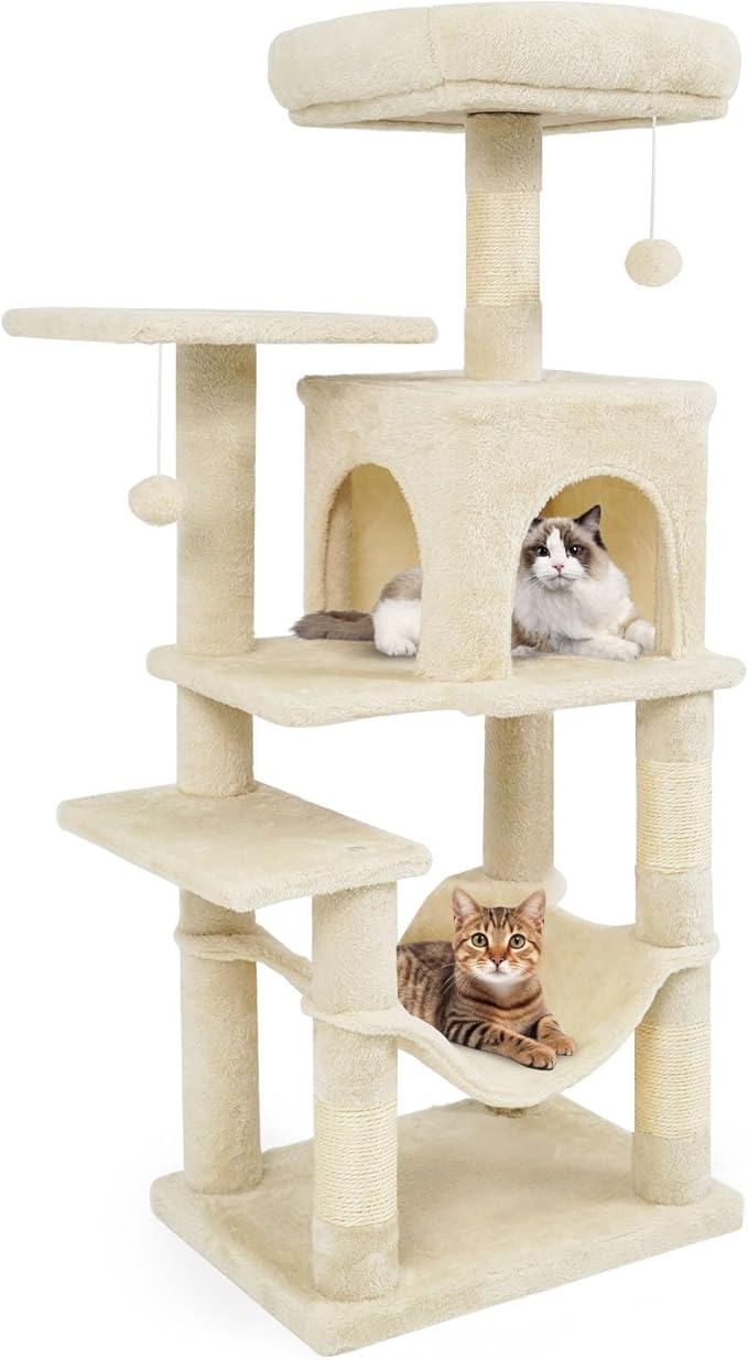 Tangkula Cat Tree Tower, 44 Inch Multi-Level Cat Tower with Sisal Scratching Posts, 2-Door Condo, Padded Top Perch & Hammock, 2 Hanging Balls, Jumping Platforms for Indoor Cats (Beige)