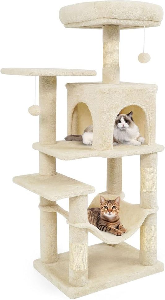 Tangkula Cat Tree Tower, 44 Inch Multi-Level Cat Tower with Sisal Scratching Posts, 2-Door Condo, Padded Top Perch & Hammock, 2 Hanging Balls, Jumping Platforms for Indoor Cats (Beige)