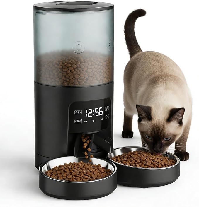 NEWBULIG Automatic Cat Feeder for 2 Cats, 6L Timed Pet Feeders with 10s Voice Recorder, Dog Food Dispenser, Dry Food, 6 Meals, Programmable 50 Portions, Dual Power Supply