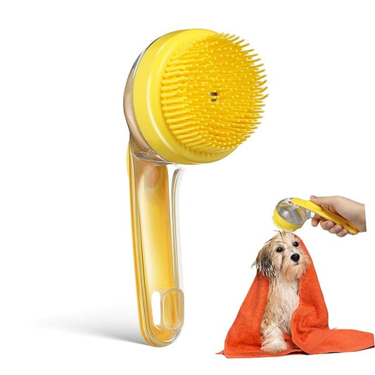 POPETPOP Pet Bath Brush for Cats and Dogs Ergonomic Handle Grooming Tool with Soap Dispenser Soft Head for Gentle Cleaning of Animals Indoor Use Easy to