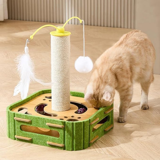 Cat Scratching Post Premium Basics Kitten Scratcher Sisal Scratch Posts with Rotating Teaser Wand, Hanging Balls, Interactive cat Toy Box, 14in for Kittens or Smaller Cats