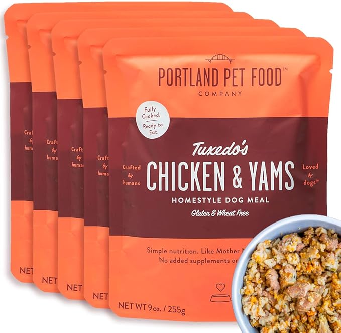 CRAFTED BY HUMANS LOVED BY DOGS Portland Pet Food Company Rosie’s Beef N' Rice Wet Dog Food Pouches 5pk and Tuxedo’s Chicken & Yams Wet Dog Food Pouches 5pk Bundle