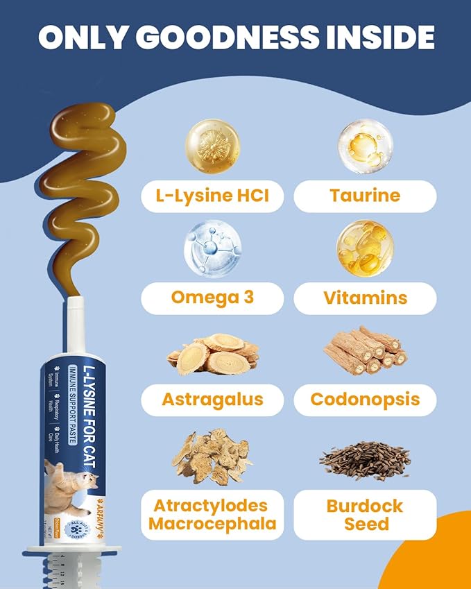 L-Lysine for Cats - Lysine for Cats - Immune System, Normal Eye Function and Respiratory Health - Cat Lysine Paste with Taurine, Omega-3, Vitamins - 60ML, Chicken Flavor