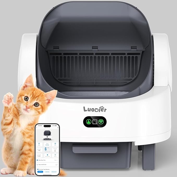 Automatic Litter Box, Large Open-Top Self Cleaning Litter Box for Multiple Cats, Multiple Safety Sensor, APP Control, Odor-Free, Includes 1 Roll Trash Bags 1 Litter Mat