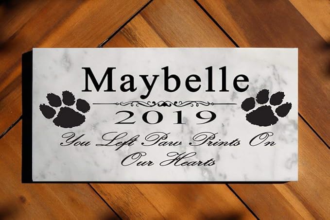 Broad Bay Dog Pet Memorial Gift Stone Solid Marble Personalized Pet Plaque Garden Marker Indoor or Outdoor Grave Headstone 12" x 6" (Paw Prints On Our Hearts)