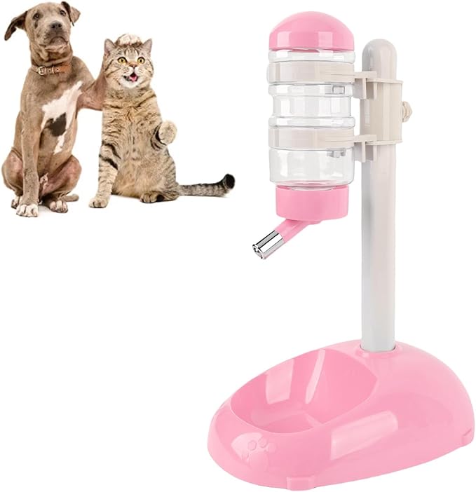 Pet Standing Water Dispenser, Adjustable Height Dog Water Bottle, with Food Feeder Bowl for Small Dogs Cats (Pink)
