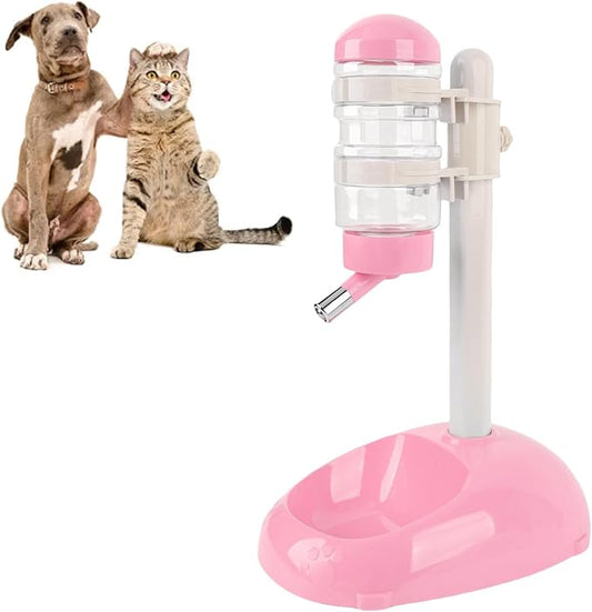 Pet Standing Water Dispenser, Adjustable Height Dog Water Bottle, with Food Feeder Bowl for Small Dogs Cats (Pink)