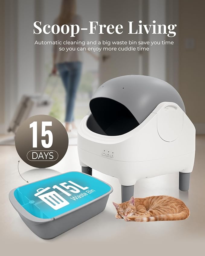 TAIFA Self Cleaning Litter Box with APP Control, Open-Top Automatic Litter Box for Multiple Cats with Safety Sensors, Odor-Free Waste Disposal Includes Trash Bags, 15L Waste Bin, Brush, Scooper, Mat