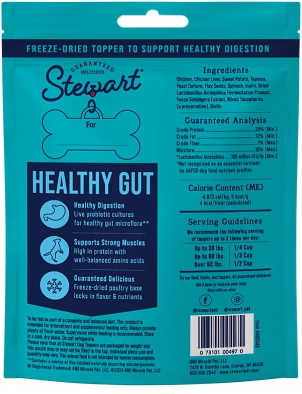 Stewart Freeze Dried Dog Food Topper, Healthy Gut, Chicken and Vegetable Recipe, 8 Ounce Pouch, Probiotics for Digestion