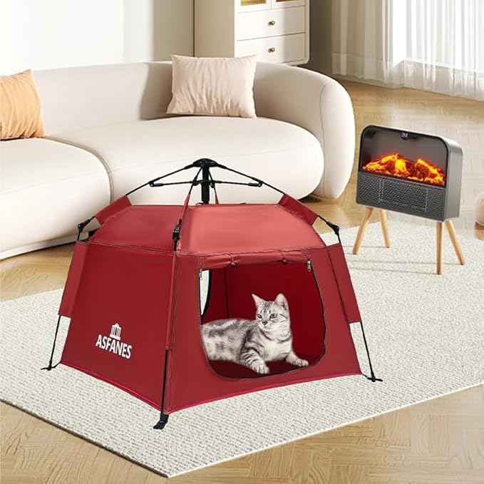 Outdoor Pet Automatic Camping Tent, Pop up Cave Bed for Indoor Cats and Small Dogs, Portable Cat House Dog House, Red.