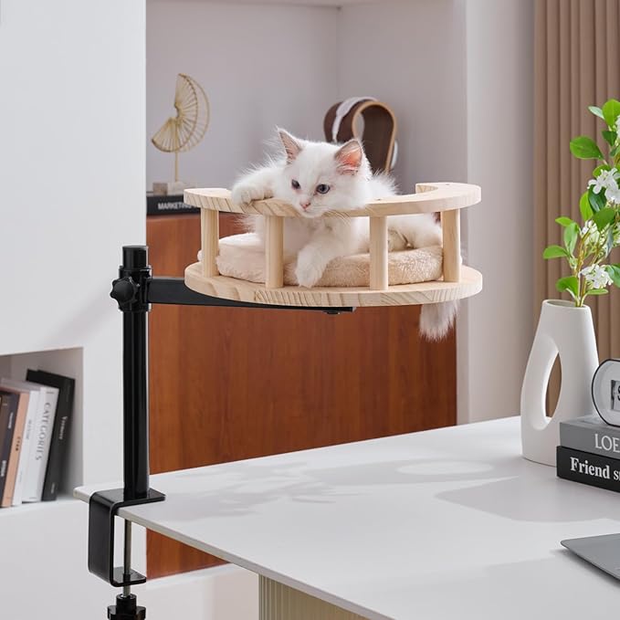 BYBYME Cat Desk Bed for Indoor Cats with Adjustable Height & 360° Rotation, Wooden Desk Kitty Nest for or Office Desks Home Tables, Wooden Desktop Kitten Furniture, 14" in Diameter (Light Oak)