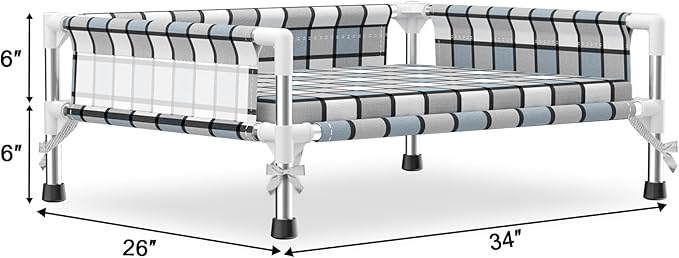 Elevated Raised Outdoor Dog Bed - Cooling Washable Dog Cot with Guardrail, Durable & Breathable Cotton Mesh Pet Hammock Beds with Stainless Steel Pipe Frame for Small Pets (Cushion-M)