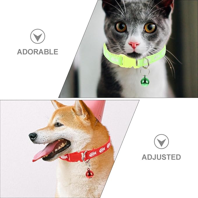 6pcs Fishbone Pattern Pet Collar Set with Bell, Mixed Colors Cat and Puppy Collar, Lightweight Outdoor Household Kitten and Dog Supply Random Color