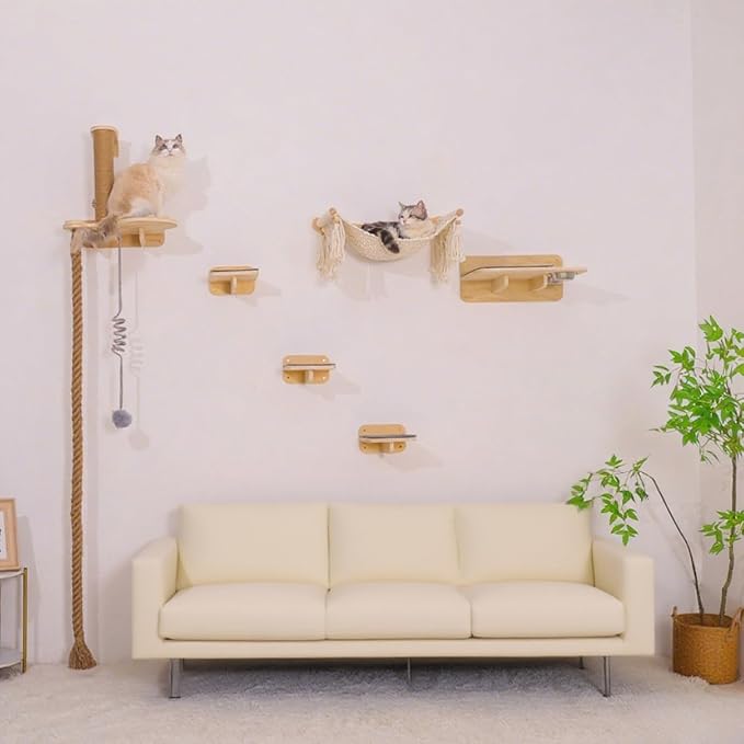 Cat Wall Shelves, Large Wall-Mounted 6-in-1 cat Furniture Set (Climbing Rope+Sisal Scratching Post+Macrame Resting Hammock+Interactive Toys Ball+Feeding Bowls Station+3 Wall Steps) for Indoor Kitties