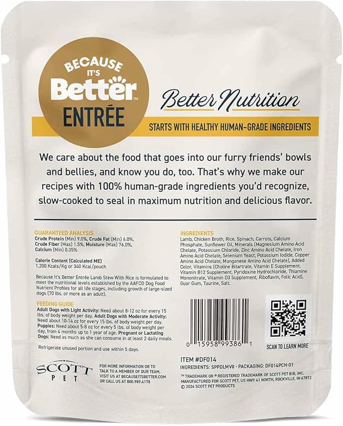 Because it's Better Entrée Complete Meal, Lamb Stew with Rice, Human Grade Wet Dog Food, 10 oz Pouches, 6 Count (Pack of 2)