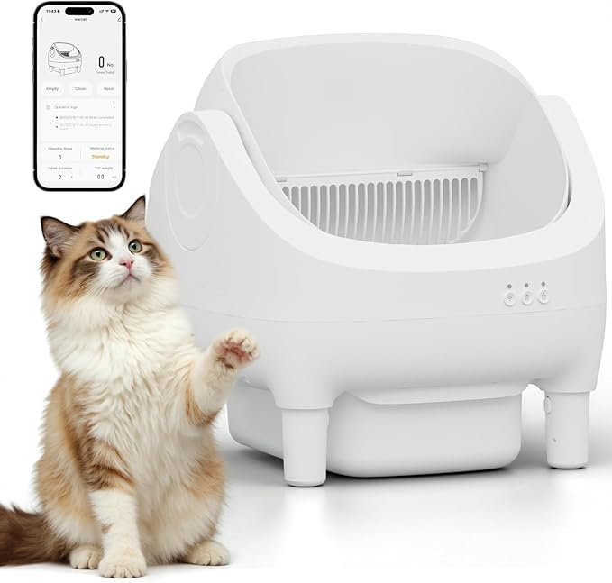 Greesum Self Cleaning Cat Litter Box – Automatic Open-Top Smart Litter Box with App Control, 15L Odor-Sealed Waste Bin, Ultra Quiet 35dB, Multi-Cat & Large Cat Compatible, with Trash Bags & Mat