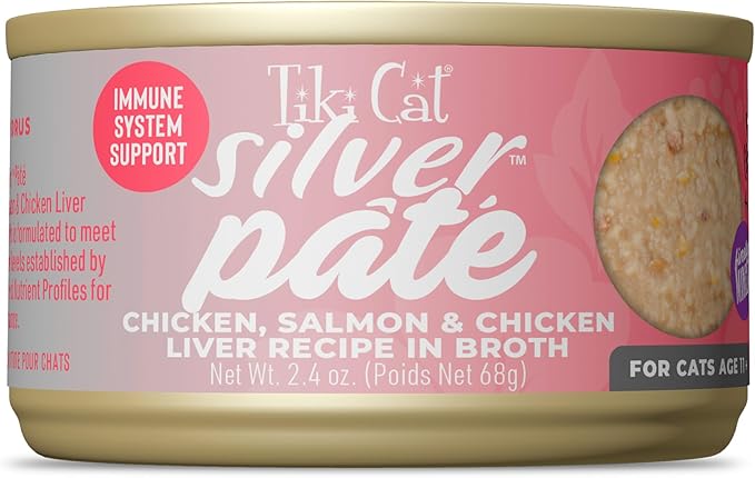 Tiki Cat Silver Pate Chicken, Salmon & Chicken Liver Recipe in Broth, 2.4 oz. Can (12 Count)