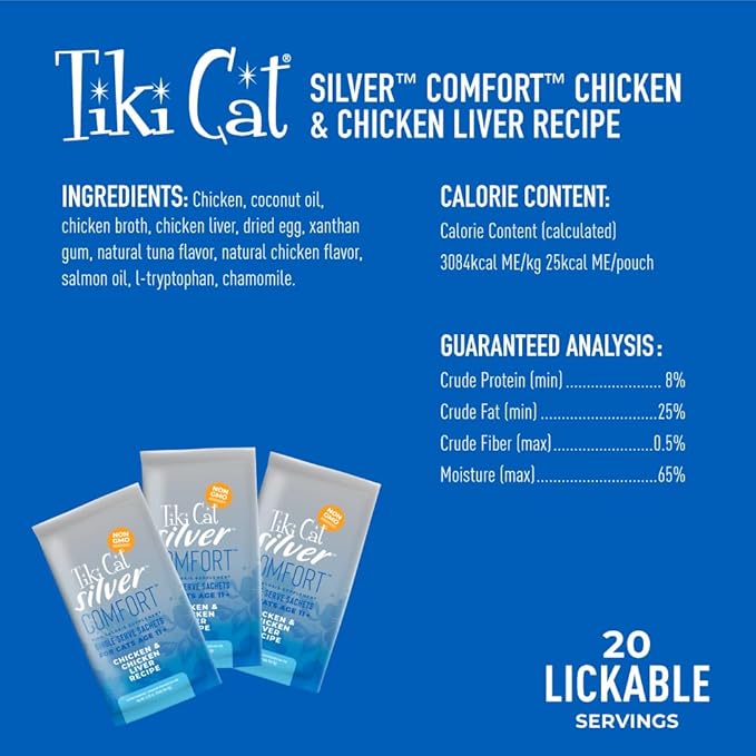 Tiki Cat Food, Chicken & Chicken Liver, 5.6 oz | Silver Comfort Recipe | 20 Sachets | Pack of 2
