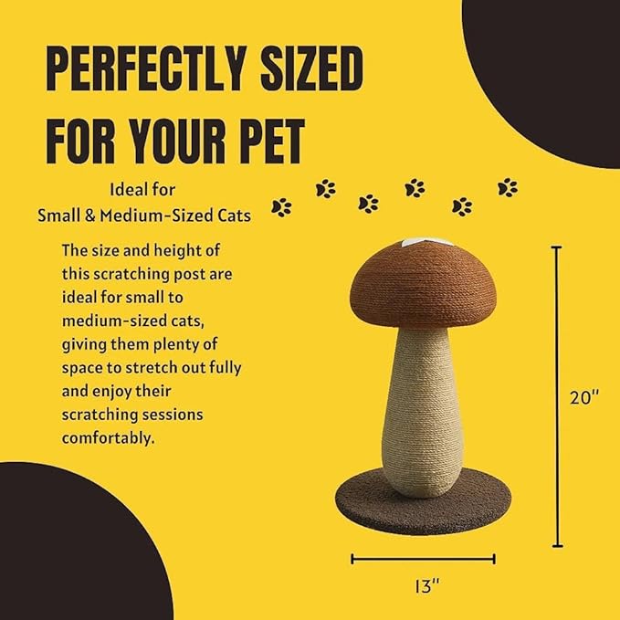 Shiitake Mushroom Cat Scratching Post, Mushroom Cat Scratcher for Indoor Cats, 100% Sisal Scratch Pole with Pompom Toy, Cute Durable Furniture