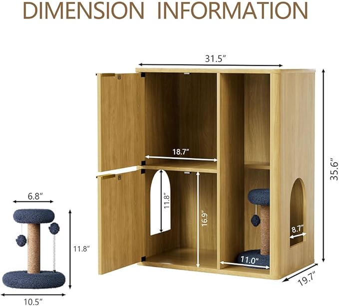 Cat Litter Box Enclosure Furniture, 2 Storey Hidden Litter Box Cabinet with Scratching Post & Storage Shelf, Fluted Modern Litter Box Enclosure for Living Room, Bedroom,Natural
