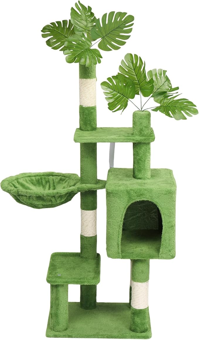 48in Plush Cat Tree with Leaves, Multi-Level Cat Tower with Scratching Post, Cozy Condo & Padded Perch, Dangling Ball for Kittens and Indoor Cats, Compact Cat Furniture for Small Spaces, Green