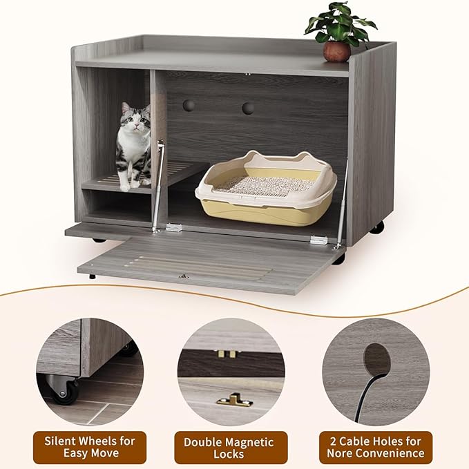 32.7" Gray Cat Litter Box Enclosure, Hidden Litter Box Furniture with Top Side Fence, Indoor Side End Table/Storage Cabinet for Large Cats