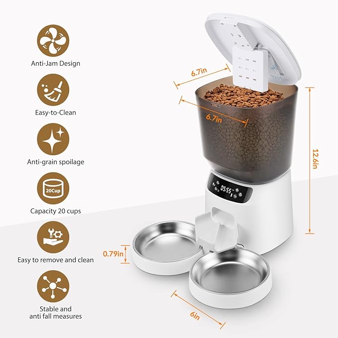 Automatic Cat Feeders for Two Cats, 5L/20 Cups Double Automatic Cat Food Dispenser with 2 Stainless Bowls, Timer Setting 20 Portions 6 Meals Per Day, 10s Meal Call, Pet Feeder for Dog (White, 5L)