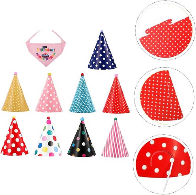 OUNONA Dog Birthday Bandana and Party Hat Set with Bib 10pcs Pet Birthday Supplies Kit for Dogs Adjustable Fabric Hats and Cotton Bib for Celebration Random Color