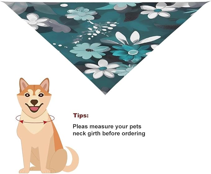 Dog Bandana Spring Pet Scarf Adjustable Triangle Teal Grey and White Floral Printing Dog Bib Washable Polyester Puppy Bandana for Small Medium Large Dogs Cat Birthday Party Supplies