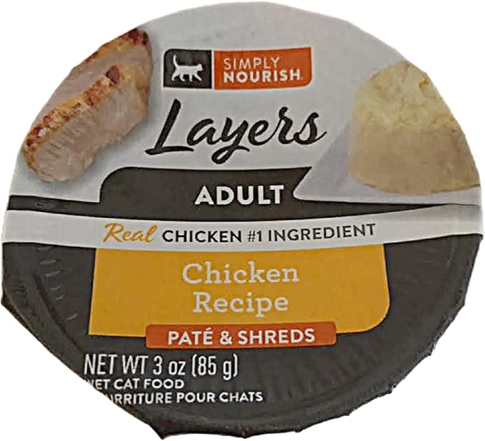 SIMPLY NOURISH Adult Cat Layers Pate & Shreds 6-3 Ounce Cups. Plus Cat Toy Will Vary in Color and Design. (Chicken Recipe)