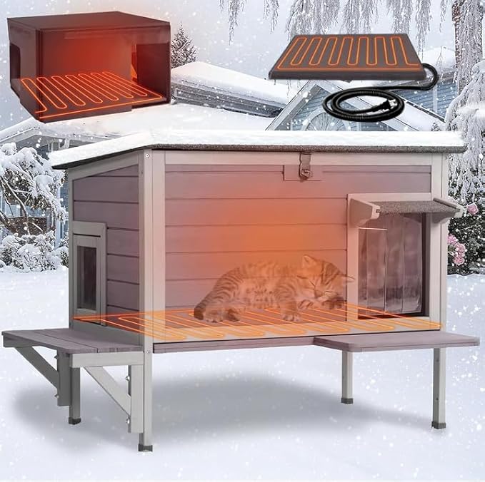 Gutinneen Heated Cat House for Outdoor Cats Insulated Kitty Shelter with Heating Pad Waterproof Cat Cage Keep Warm in Winter,Liner Include