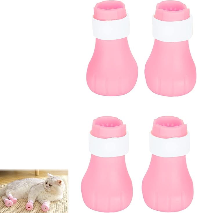 Anti Scratch Cat Shoes, 4pcs Anti Scratch Cat Foot Covers Adjustable Silicone Pet Cat Protector for Bathing Anti Off Claw Shoes Boots Cover()
